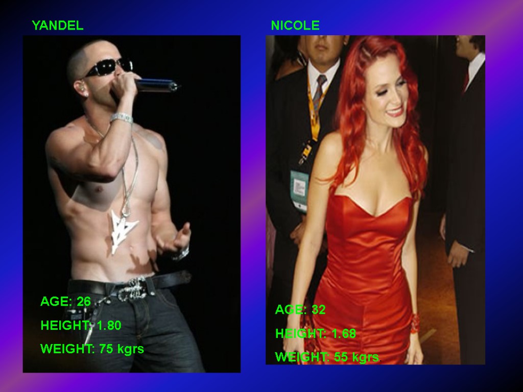 YANDEL AGE: 26 HEIGHT: 1.80 WEIGHT: 75 kgrs. AGE: 32 HEIGHT: 1.68 WEIGHT: 55